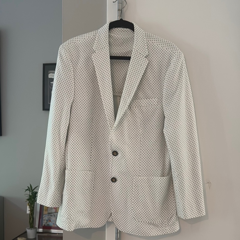 Murano Slim Fit White Blazer - Navy Fleur-de-lis Pattern, Size L